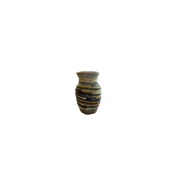 Handmade Fabric-Wrapped Decorative Vase – Yellow, Black & White Batik Stripes