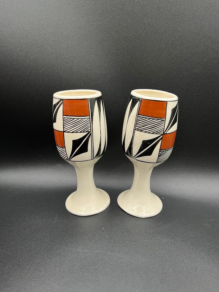 #38 Pair Of Acoma Pueblo Pottery Native American Goblets 6”