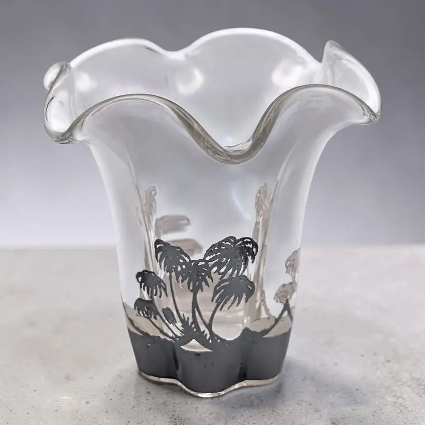 Duncan  Miller Canterbury Silver Overlay Palm Trees Crimped Vase by Silver City