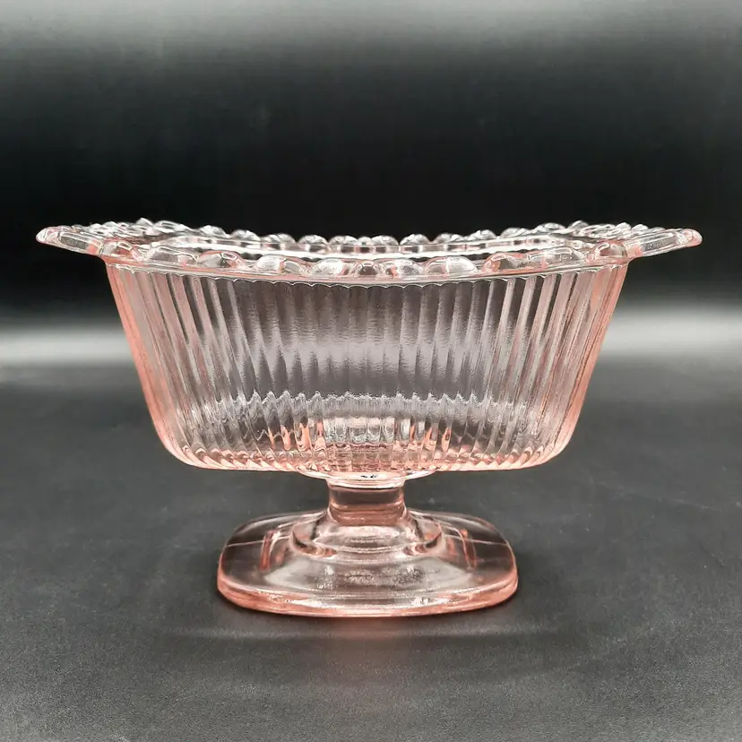 Vintage Pink Glass Ruffled Lace Edge Pedestal Candy Compote Dish - No Lid