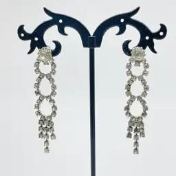 Vintage Rhinestone Dangle Earrings Clear Crystal Loop Drop Silver Tone 1950s 11946