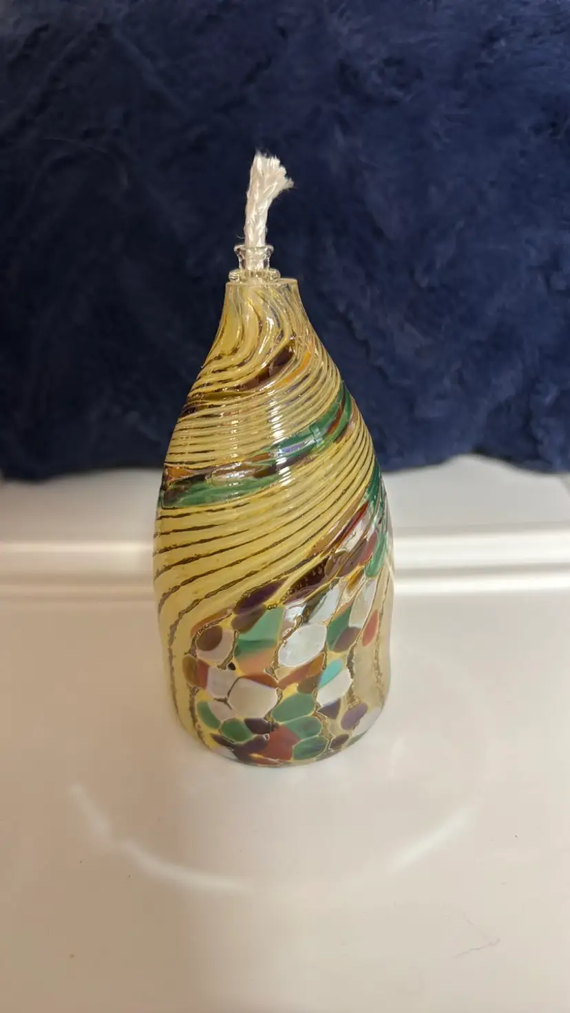 Loretta Eby Hand Blown Oil Lamp Signed 5” Art Glass Tan gold green