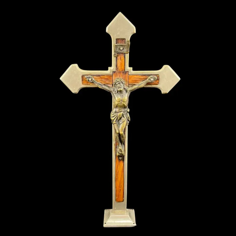 Made In Germany Metal And Inlaid Wood Crucifix, German INRI Cross Sculpture, Vintage German Crucifix Sculpture, Religious Art