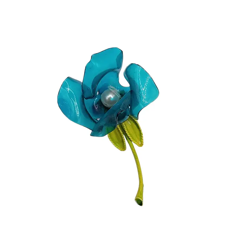 Vintage 1960s Blue Cellulose Acetate Flower Brooch Faux Pearl Green Enamel Stem