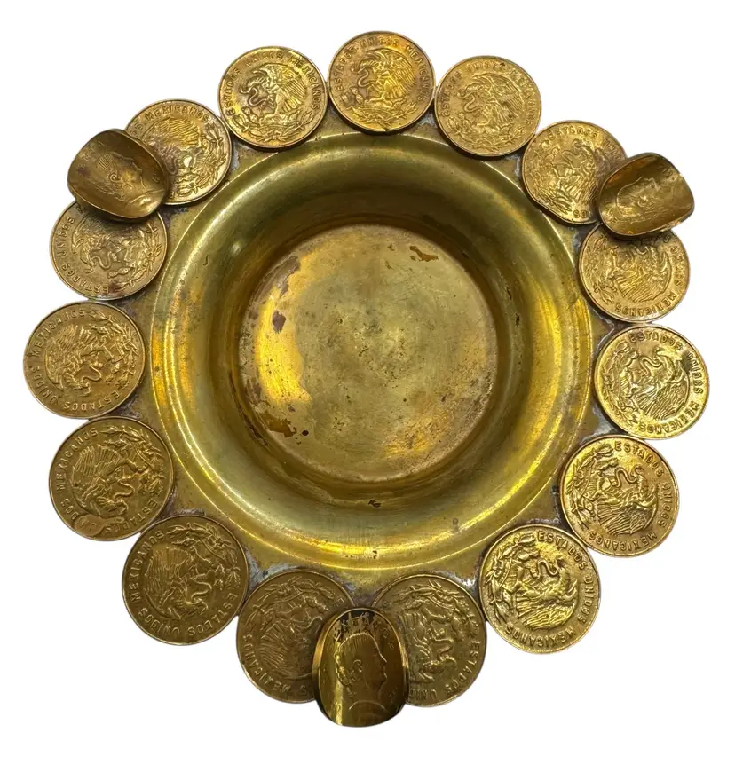 Vintage Mexican Brass Coin Ashtray Trinket Dish 1970βs Mexico Metal 4.5β