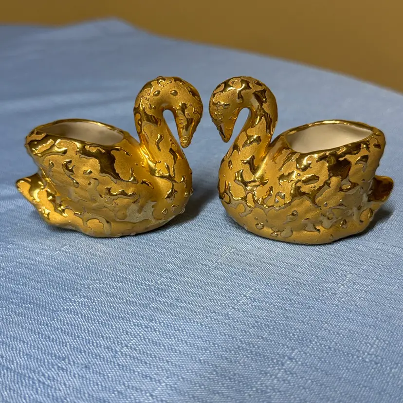 Swans Weeping Gold ceramic planters toothpick holder or trinket dishes 2.5”