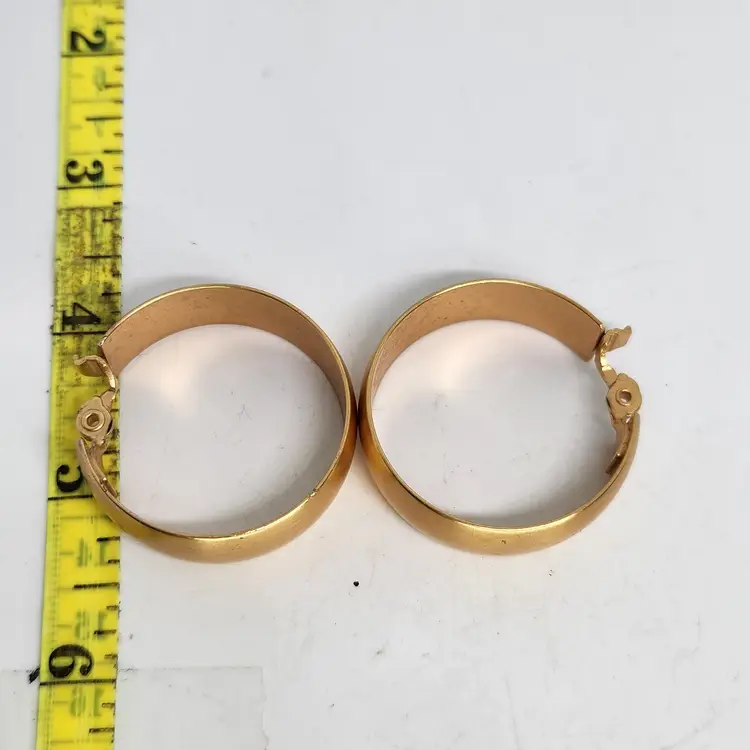 Vintage Monet Signed Brushed Chunky Wide Hoop Gold Tone Clip On Earrings Classic
