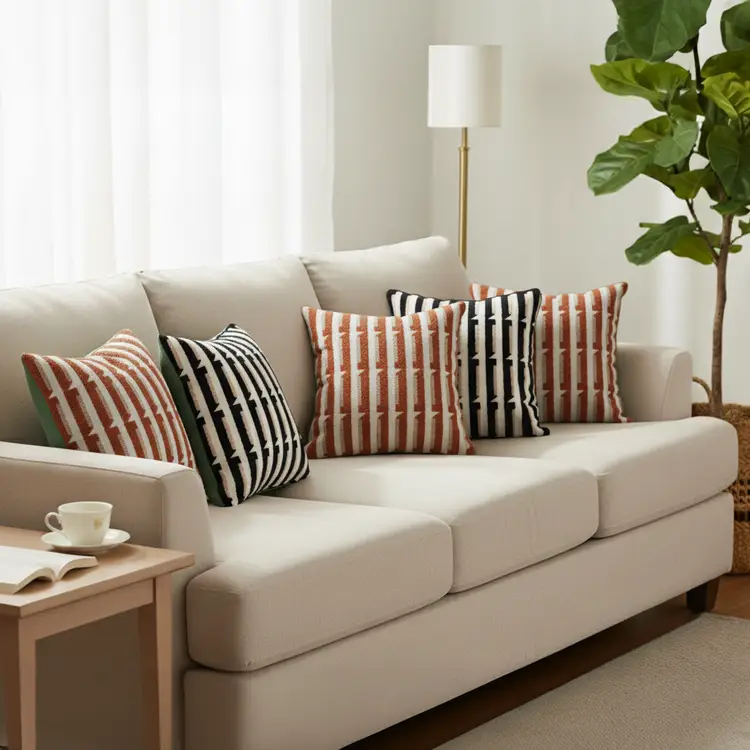 SOGA 6PC Rust Orange & Off-White Stripe & Black & White Tufted Stripe Pillow Covers