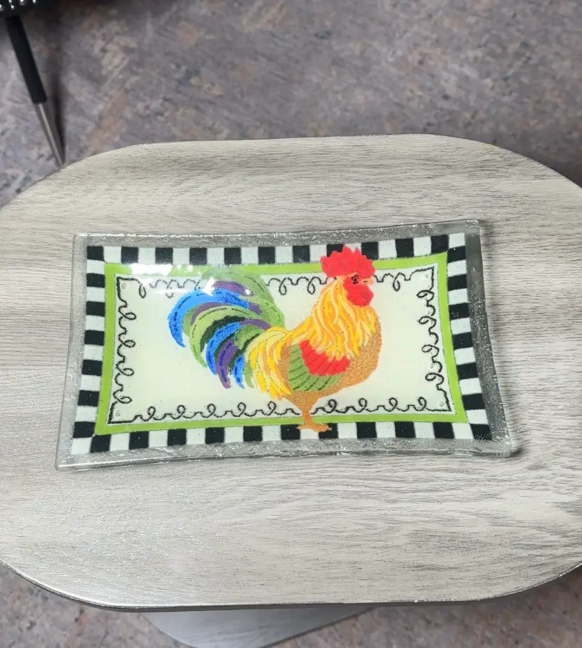 Peggy Karr Rooster Pressed Glass Tray/Plate Farmhouse Decor 10” X 5.5”
