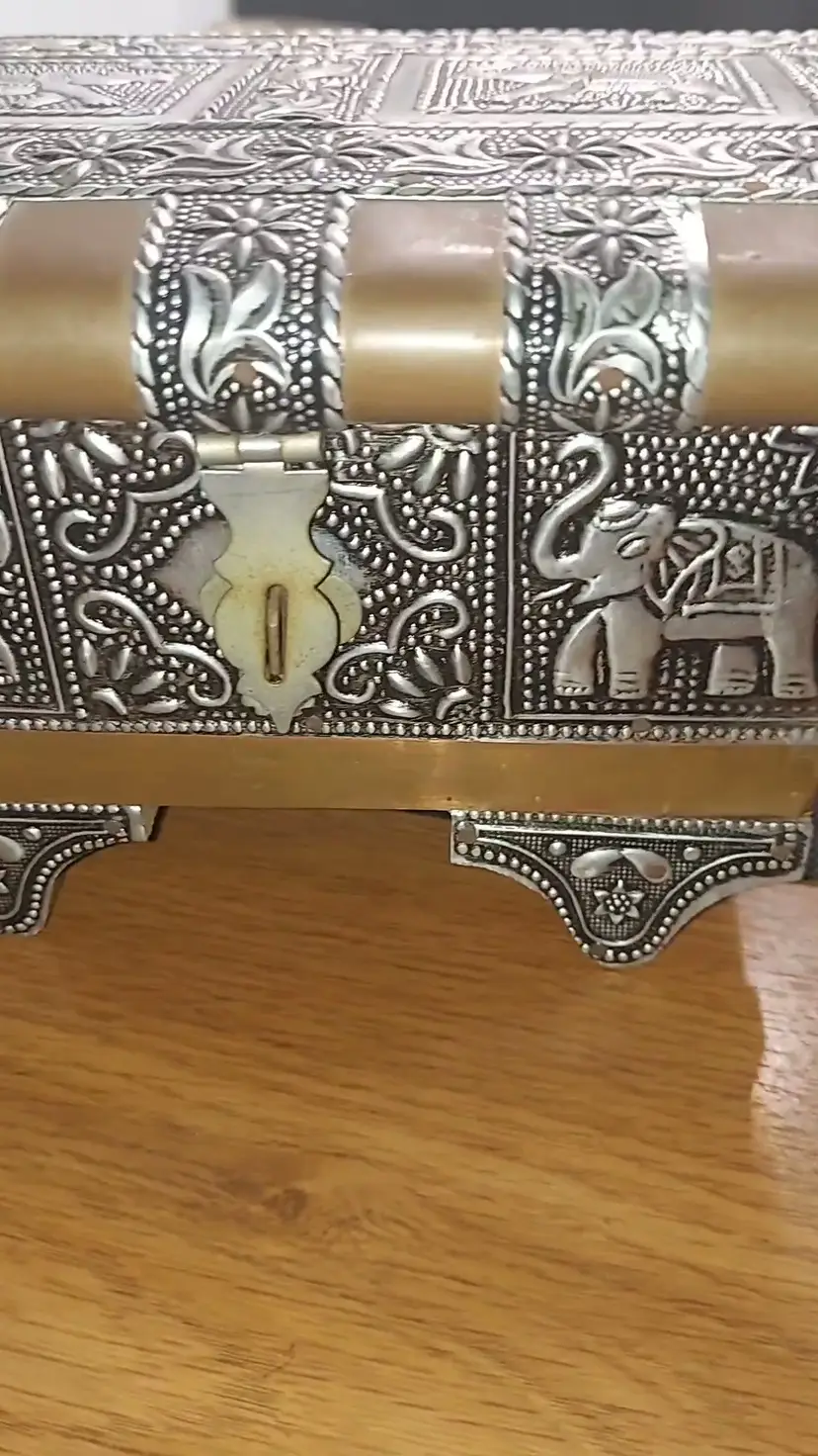 Vintage Elephant Jewelry Box With Flowers Leaves Purple Velvet And Mirror Inside