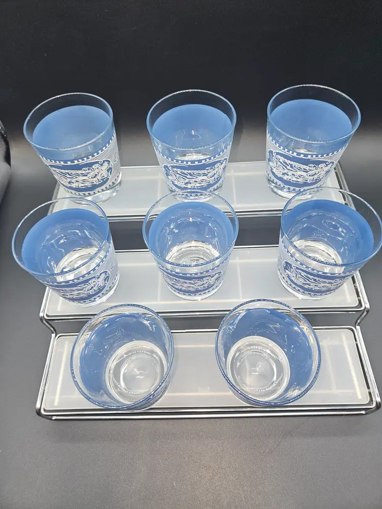 Americana Currier & Ives Blue Double Old Fashion Lowball Rock Glasses 8oz - 8 pc