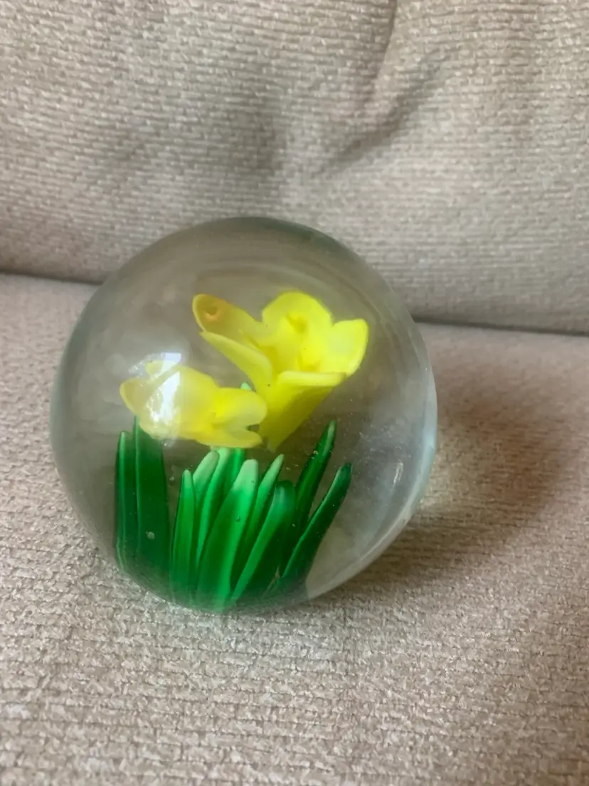 Art Glass Paper Weight Yellow Flowers W/Green Leaves