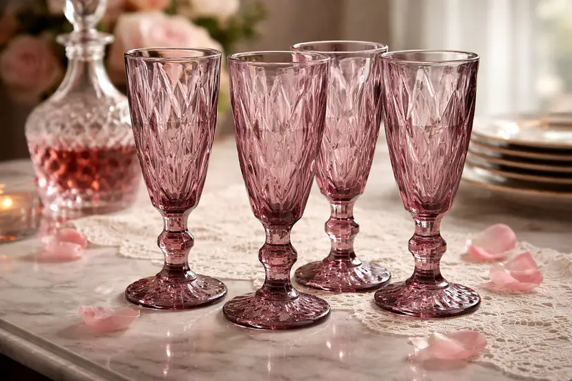 4 Dusty Rose Glass Champagne or Wine Glasses, 7.5" Tall