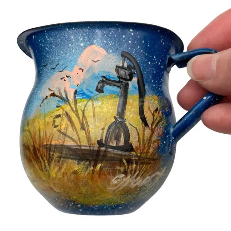 Vintage Hand-painted Enamelware Pitcher, Cottage Farmhouse, Water Pump, Signed