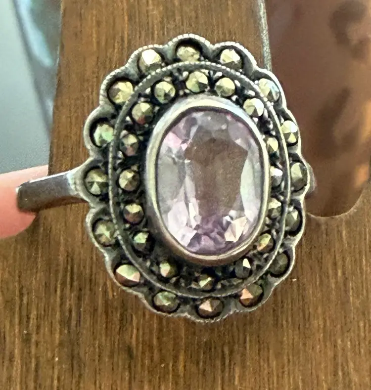 Sterling Silver Amethyst And Marcasite Ring Size 8.5