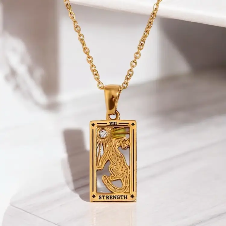 Vintage Styled Gold Tarot Necklace Sign For Strength