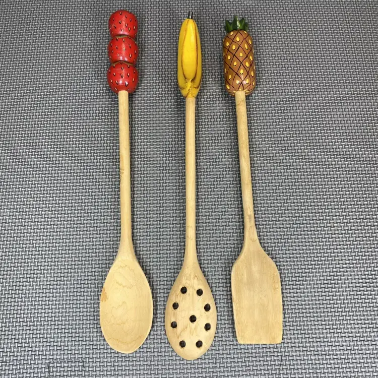 Vintage Kitchen Cooking Serving Utensils Wooden Carved Fruit Handles MCM Retro