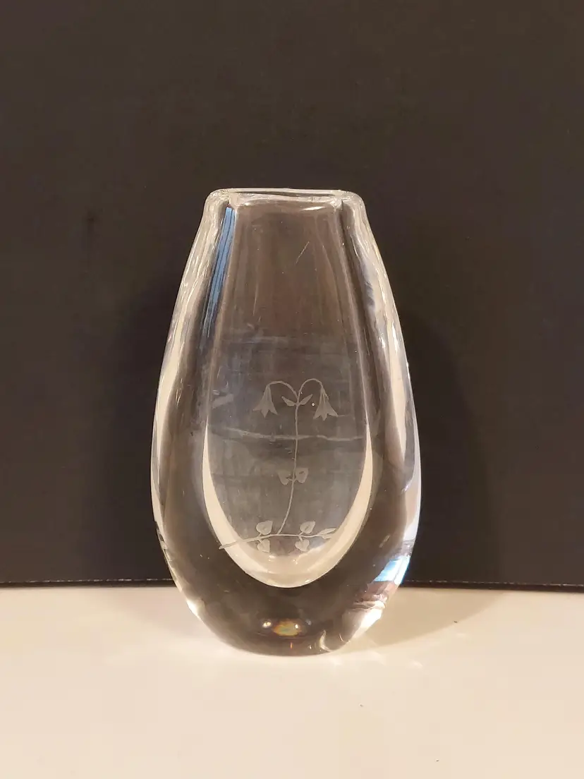 Floral Etched Kosta Clear Glass Vase Sweden