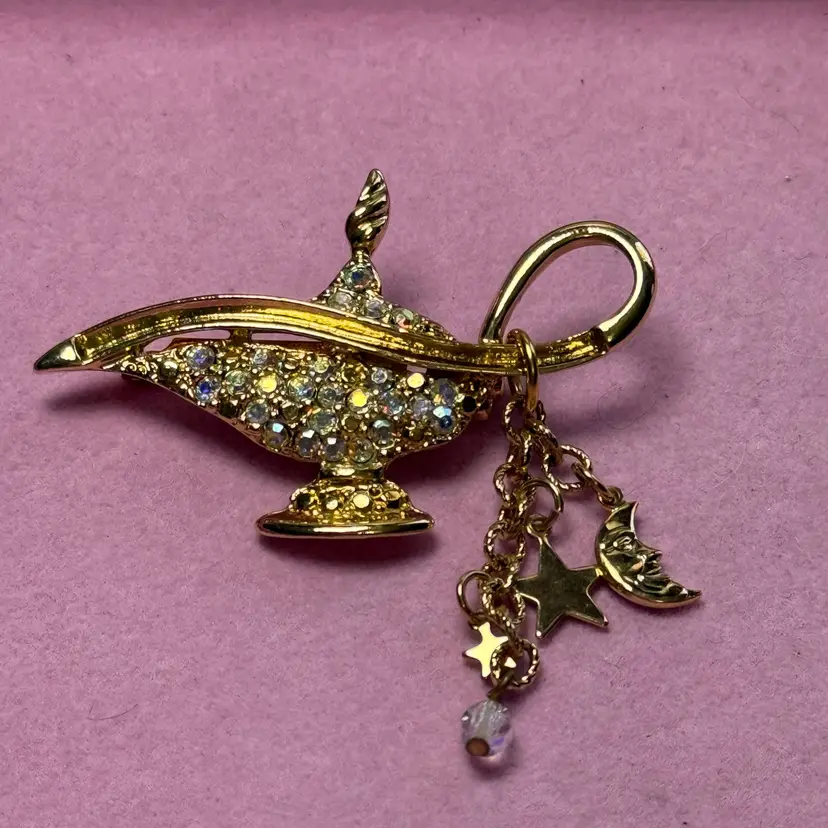 Kirks Folly Aladdin Magic Genie Lamp Brooch Pin AB Rhinestones Celestial Charms