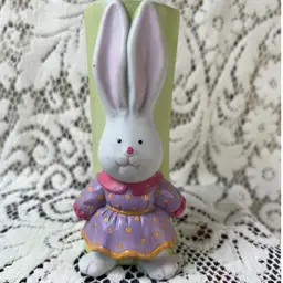 116 Ceramic Vase With A Girl Bunny In A Purple Dress 5" X 2.5" Repaired Crack And Chip On Back
