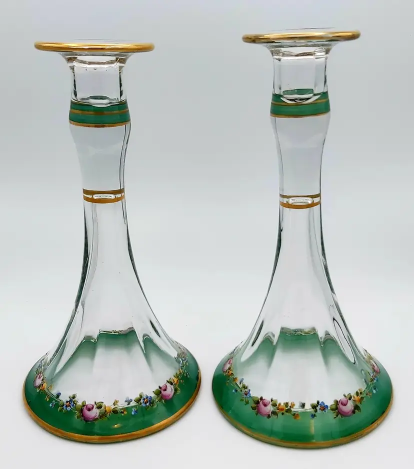 Tiffin US Glass Company Crystal Candlestick Holders Hand Painted Enamel Florals