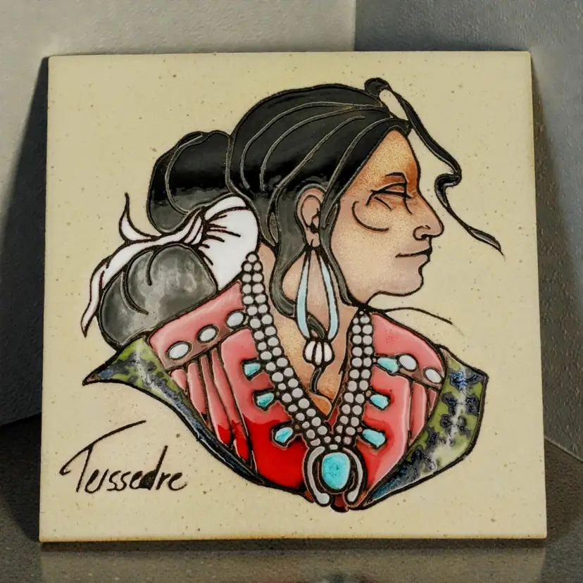Native American Woman Cleo Teissedre Hand Painted Ceramic Tile Trivet Wall Art