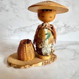 Vintage Japanese Kokeshi Doll & Basket - Traditional Bobblehead Style