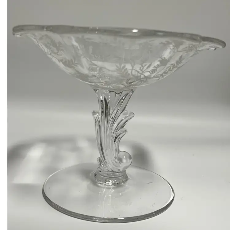 Fostoria Baroque Footed Compote with Chintz Print Etched in Bowl- 4.5” Tall, 5.5” Diameter