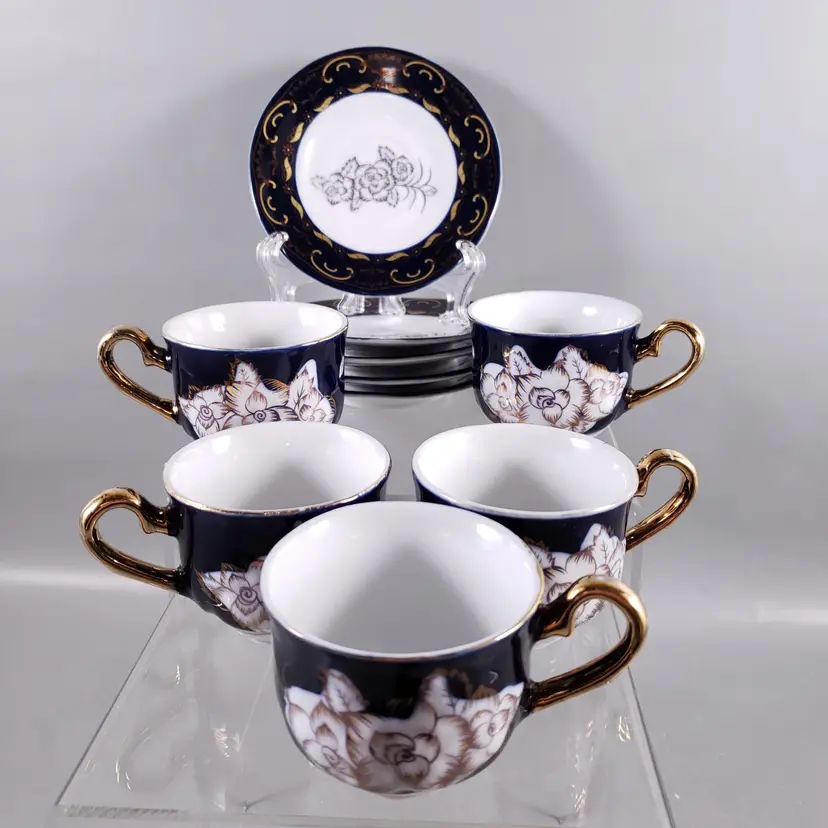 Vintage TURKISH ARABIC Cobalt Gold Floral Porcelain DEMITASSE Cup Saucer SET