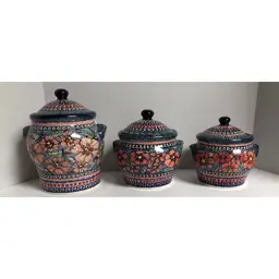 Polish Pottery Blue Rose Jungle Flower Canister Set Unikat Boleslawiec Signed