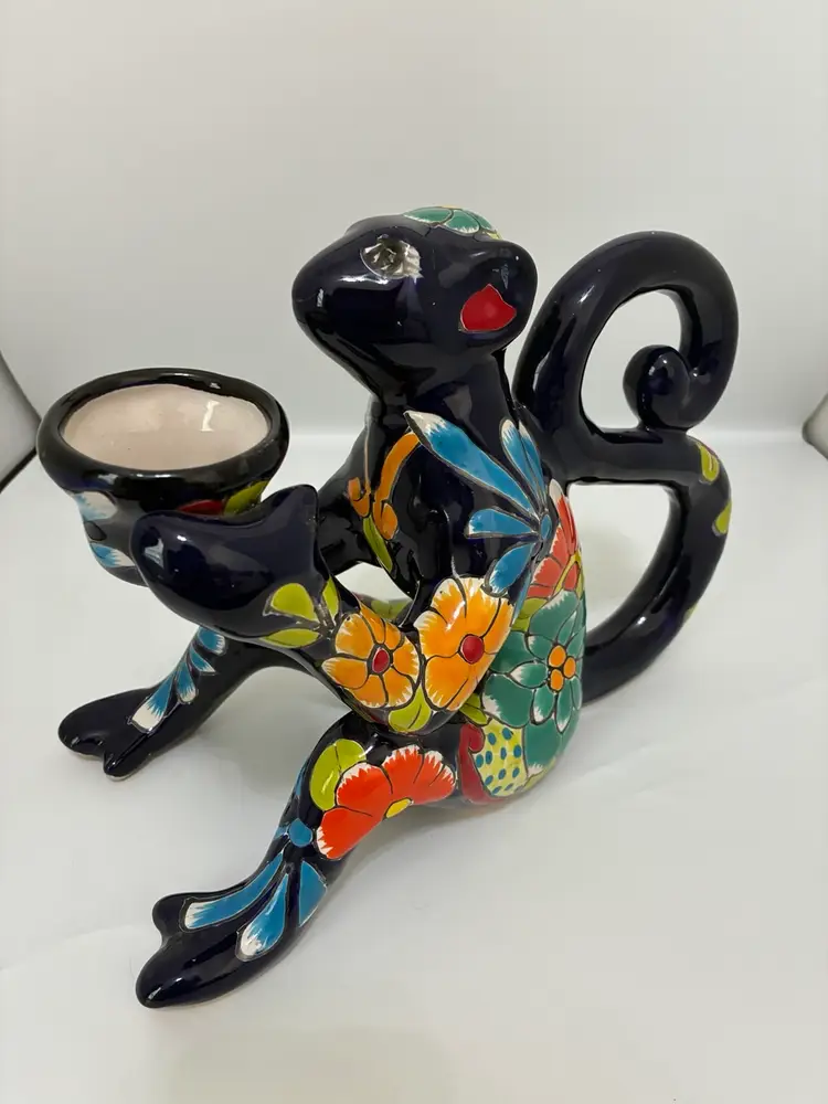 Blue With Multicolored Florals, Talavera, Red Clay, Pottery, Monkey Holding Mini Flower Pot Statue Lawn Art