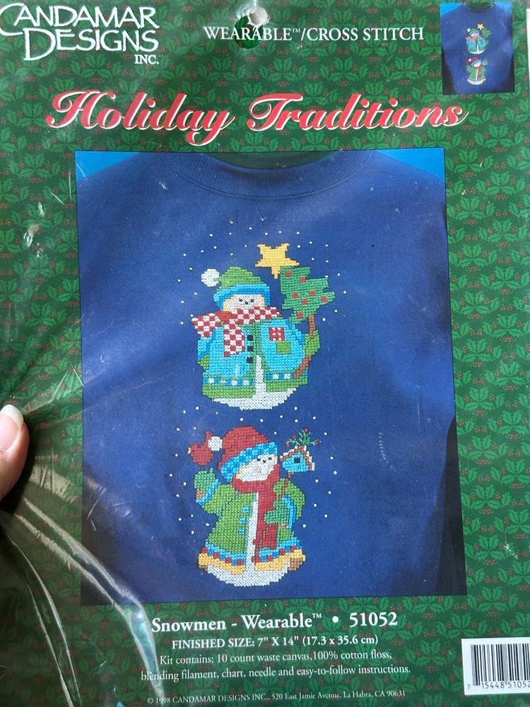 Vtg Candamar Holiday Traditions Snowmen Wearable Cross Stitch Kit 51052 NEW