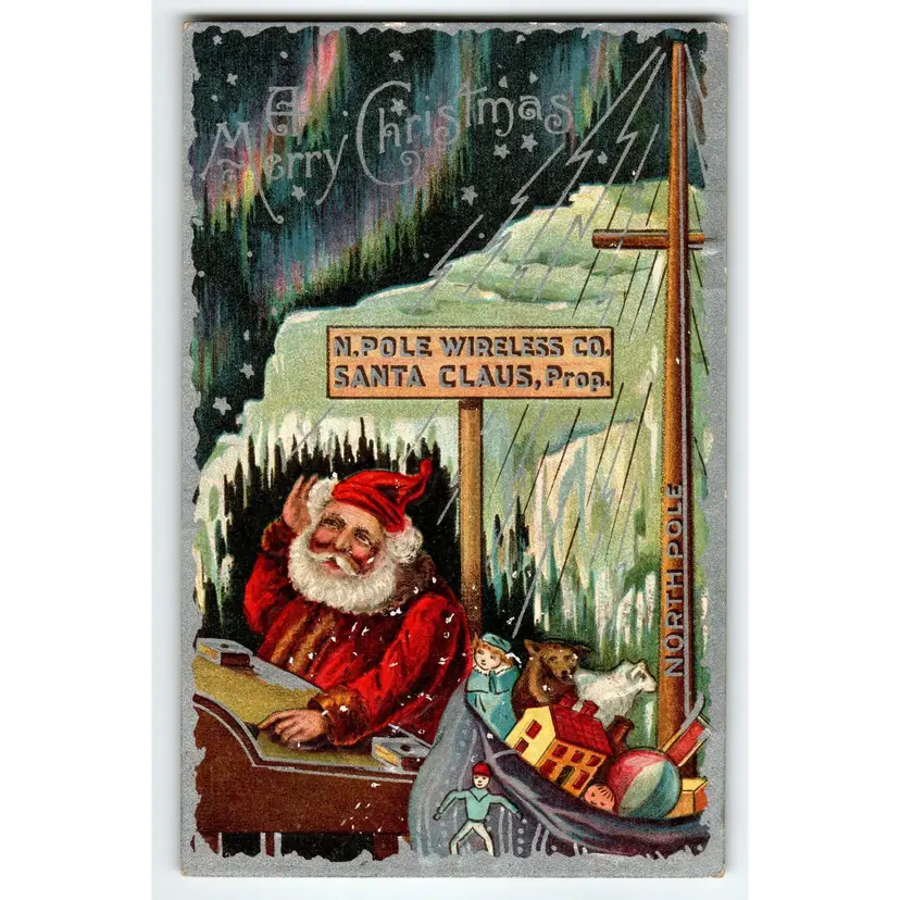Santa Claus Christmas Postcard Embossed North Pole Wireless Telephone Pole AMP