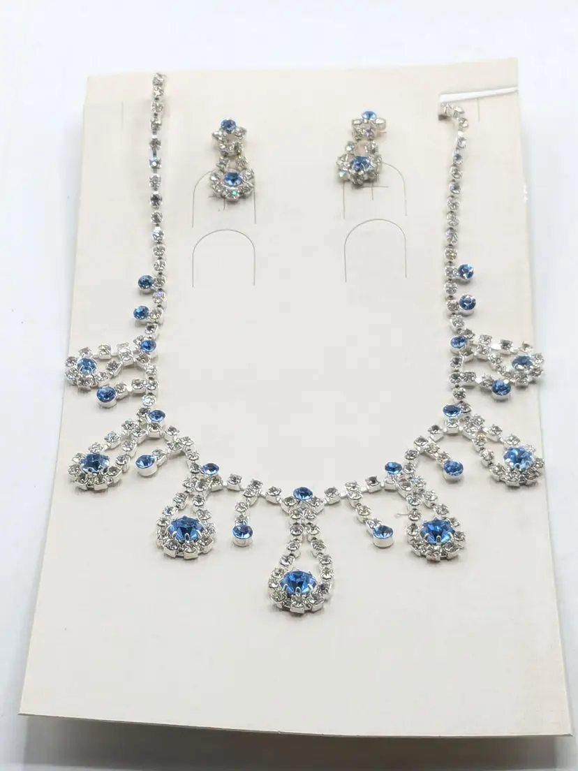 Winter Blue Rhinestone Necklace and Earring Set Silver Tone NOS