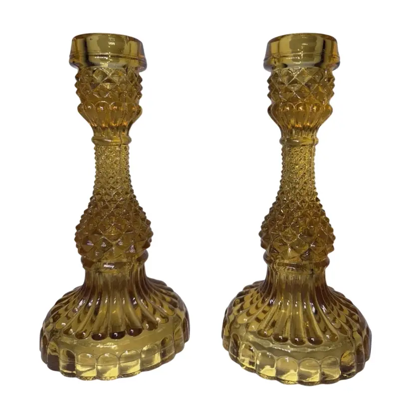 Pair Of Taper Pressed Glass Candle Holders Swirls Points Amber  Glass Vintage