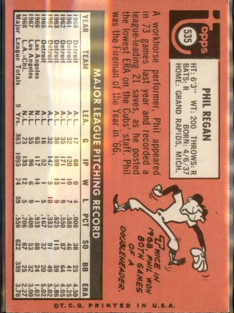 1969 Topps #535 Phil Regan - (pk3) - Chicago Cubs