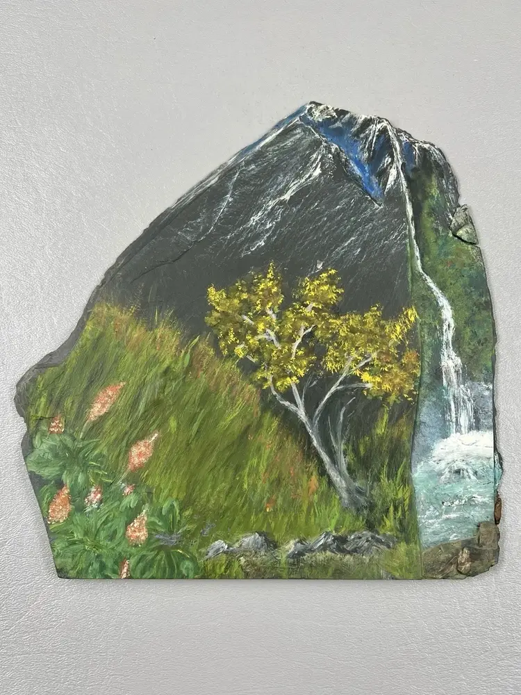 Hand Painted Landscape On Slate Stone Art Signed L. Seifert 1972 Mountain Waterfall 9"
