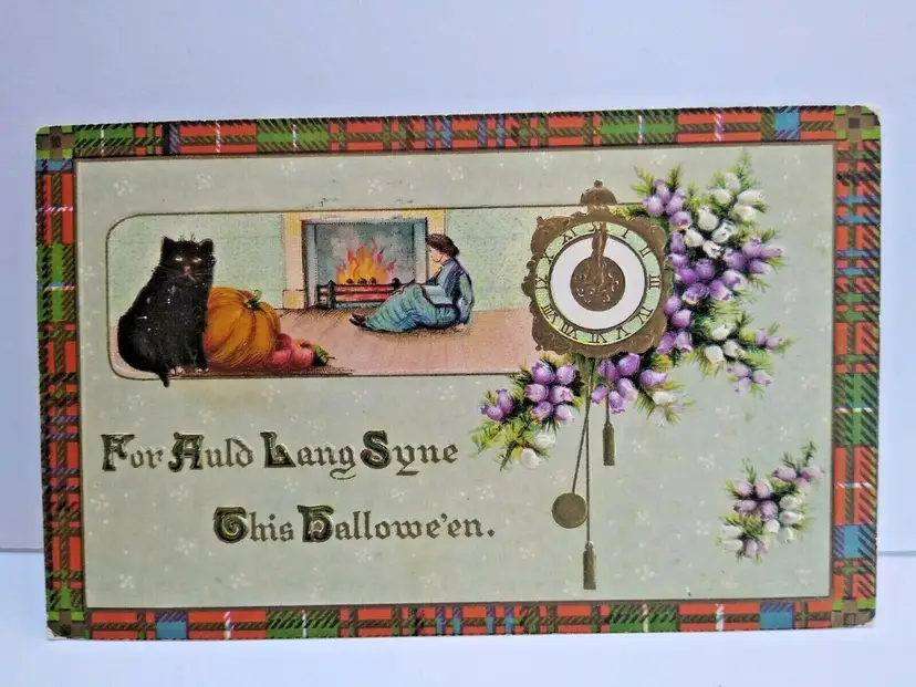 Patchwork Border Black Cat Fireplace Clock Germany Ser 2401 Halloween Postcard