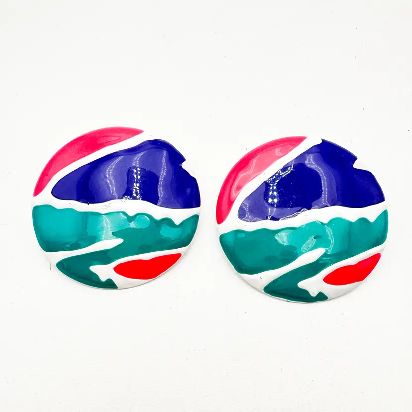 Vintage Earrings Metal Circle White Pink Turquoise Colors 1.25" D B25