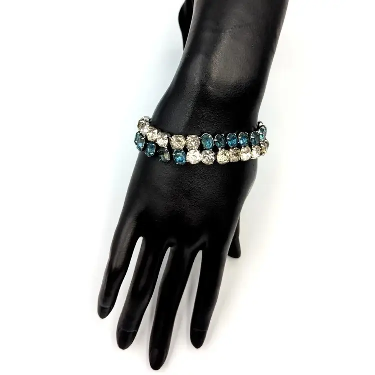Joseph Wiesner NY Bracelet Vintage Clear And Blue Rhinestones Silver Tone 7"