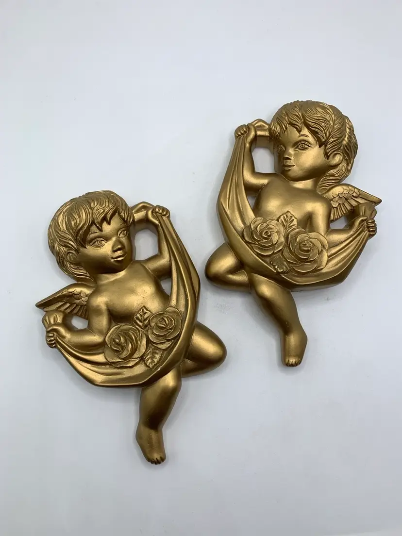 1992 Miller Studios Gold Cherubs Angels Chalkware Wall Plaque Set of 2 Vintage
