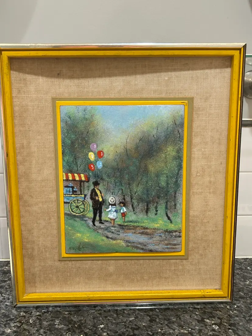 Vintage Framed Enamel On Copper Painting “ The Balloon Man” American Artist D. Mingolla