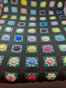 Handmade Crochet Afghan Granny Squares 3 D Roses Black Multi Color Blanket Throw 62"x84"Gothic Witchy Decor