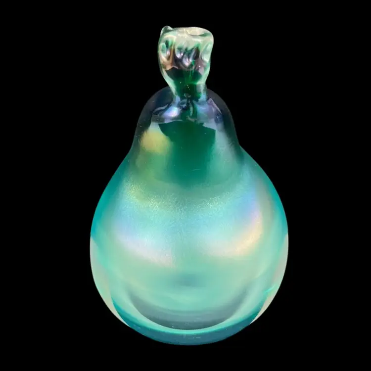 Iridescent Green Art Glass Deflated Balloon Sculpture, Hollow Hand Blown Art Glass Iridescent Green Blue Abstract Form Paperweight, Handmade Art Glass Pear Shaped Paperweight