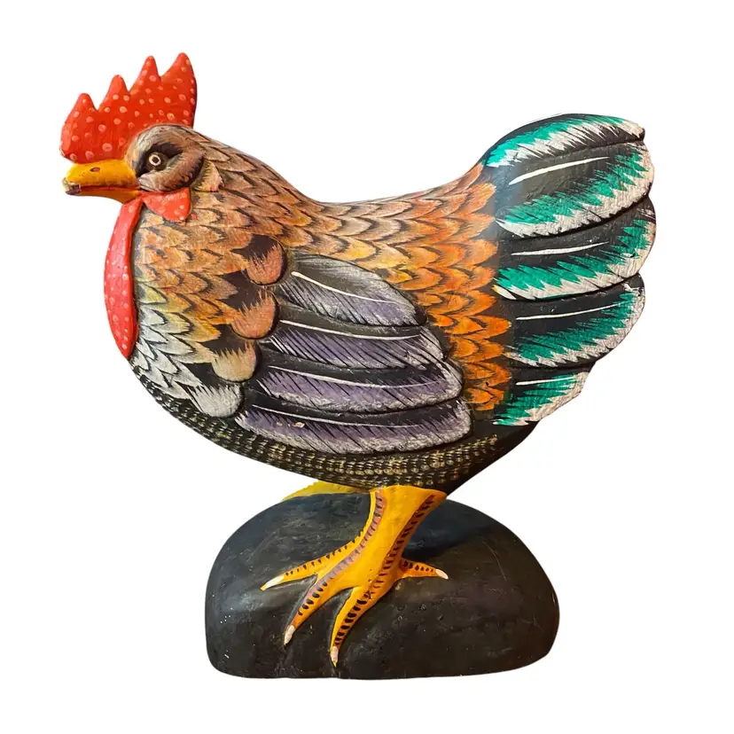 Hand Made Vintage, Large, Carved Wood Rooster Folk Art Sculpture made from one piece of wood!