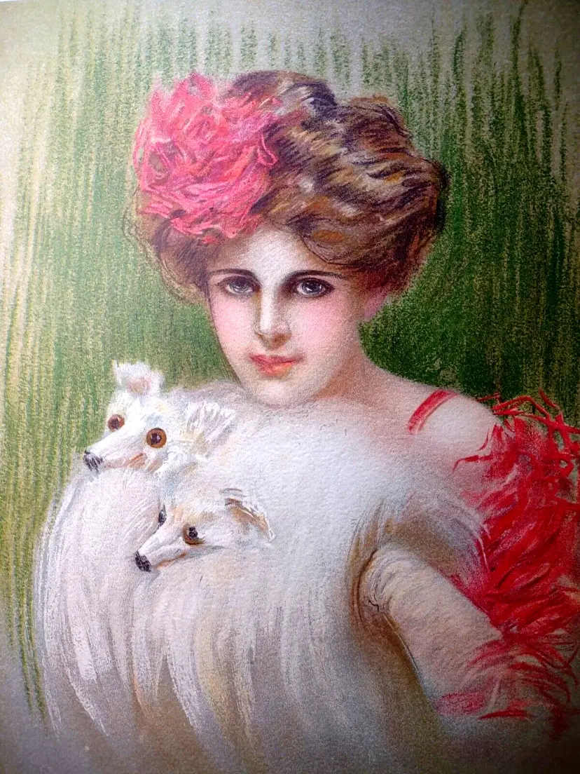 Victorian Art Print Women Wearing Headed Fox Muff Stole Lithograph 1910 Original