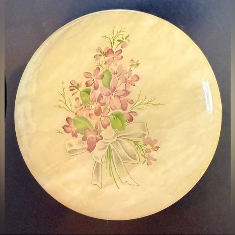 Vintage Alabaster Hand Crafted Hinged Round  Floral Trinket Powder Box Case ITALY