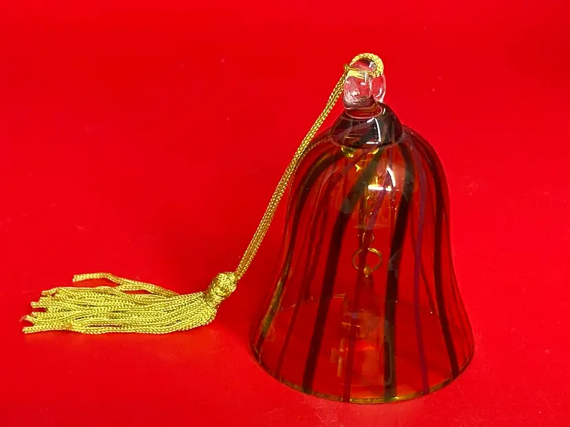 Lenox Bell, Amber Glass with Red & Green Lines & Tassle, 3" Tall