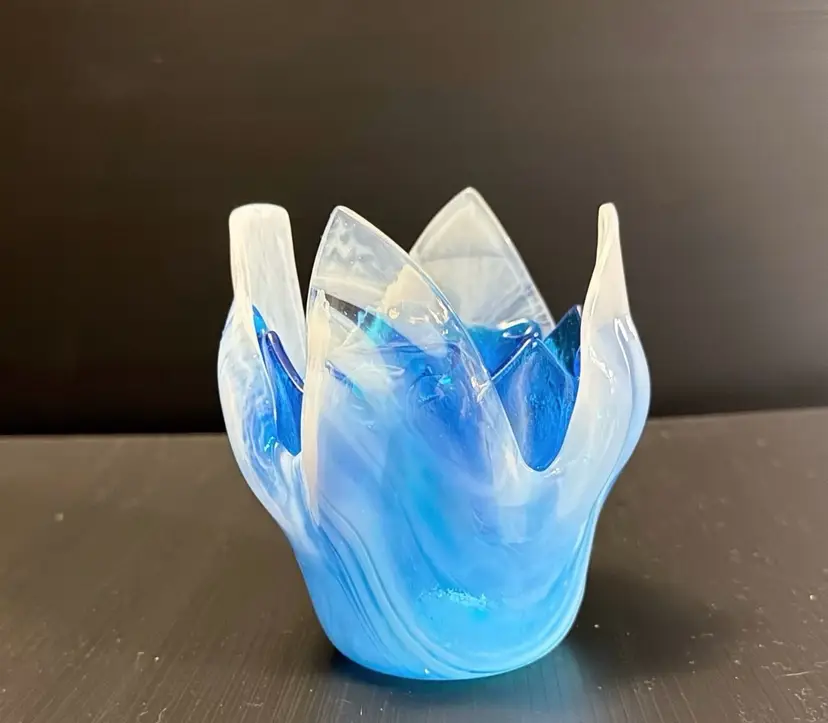 Fused Art Glass Double Handkerchief Vase / Candleholder White &  Blue 4 Inches