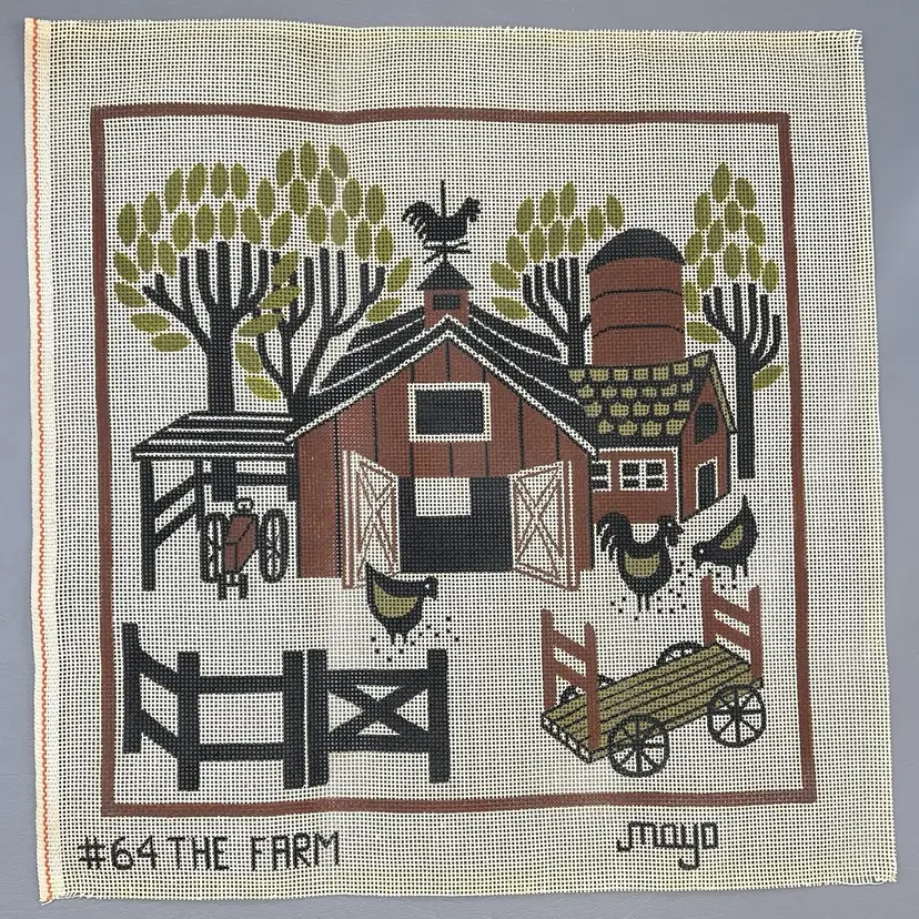 Stitch Painted Needlepoint Mayo #64 The Farm Chickens Hens Barn Tractor Barn Canvas
